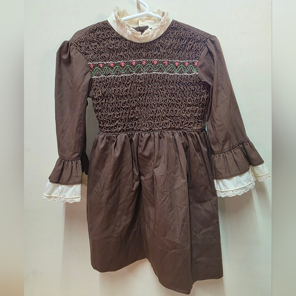 Vintage Brown Smocked Kids Formal Dress